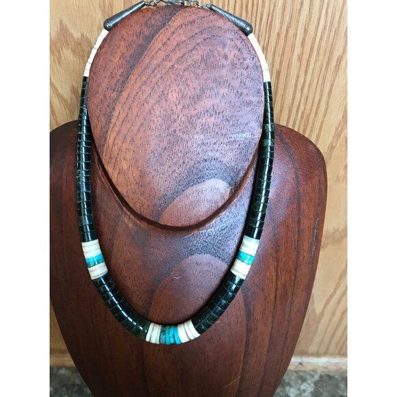 Vtg Heishi Necklace Shell Disc & Turquoise Beads With Various Other Gemstones - Picture 6 of 9